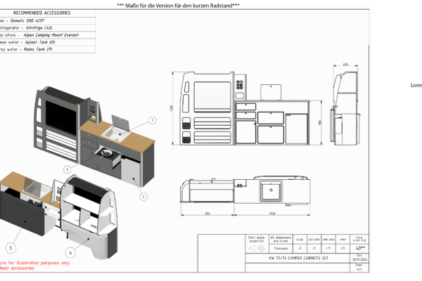 Eine technische Zeichnung mit genauen Maßen und einem 3D-Rendering.