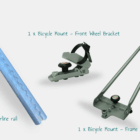 Bicycle Mount Bundle. A picture of our 3 holding-systems. One Bike Bracket for the front wheel, one Bike Bracket for the frame and an airline rail. An All-in-one bundle.
