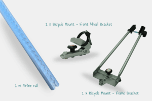 Bicycle Mount Bundle. A picture of our 3 holding-systems. One Bike Bracket for the front wheel, one Bike Bracket for the frame and an airline rail. An All-in-one bundle.