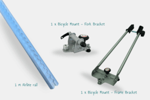 Bicycle Mount Bundle. A picture of our 3 holding-systems. One Bike Bracket for the fork, one Bike Bracket for the frame and an airline rail. An All-in-one bundle.