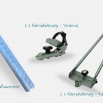 Fahrradhalterungs-Set, bestehend aus einer stabilen Airline-Schiene und zwei Fahrradhalterungen. Eine für das Vorderrad und die andere für den Rahmen des Fahrrads.