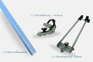 Fahrradhalterungs-Set, bestehend aus einer stabilen Airline-Schiene und zwei Fahrradhalterungen. Eine für das Vorderrad und die andere für den Rahmen des Fahrrads.