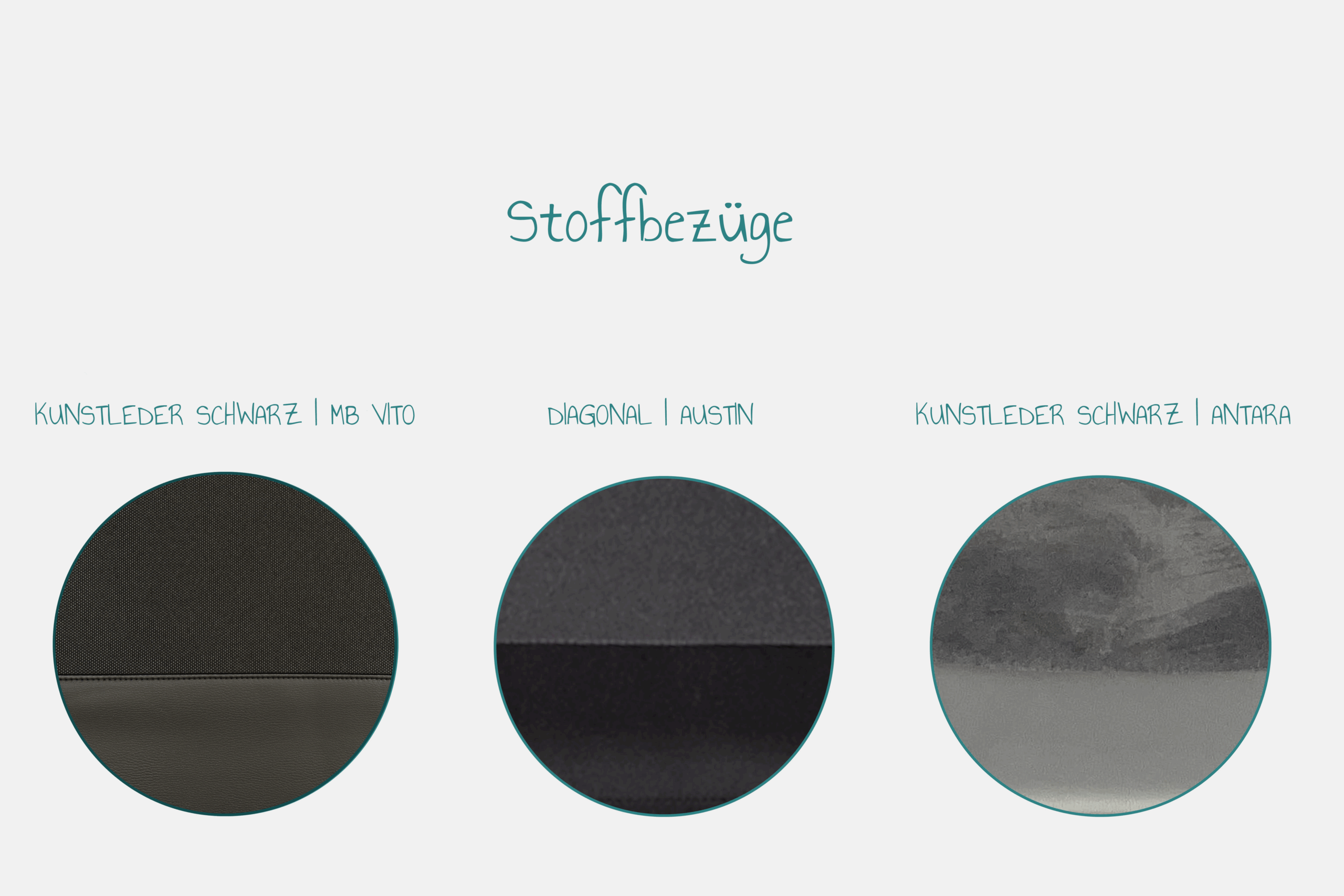 Übersicht der drei verschiedenen Stoffbezüge für den Gurtbock Basic & Top.